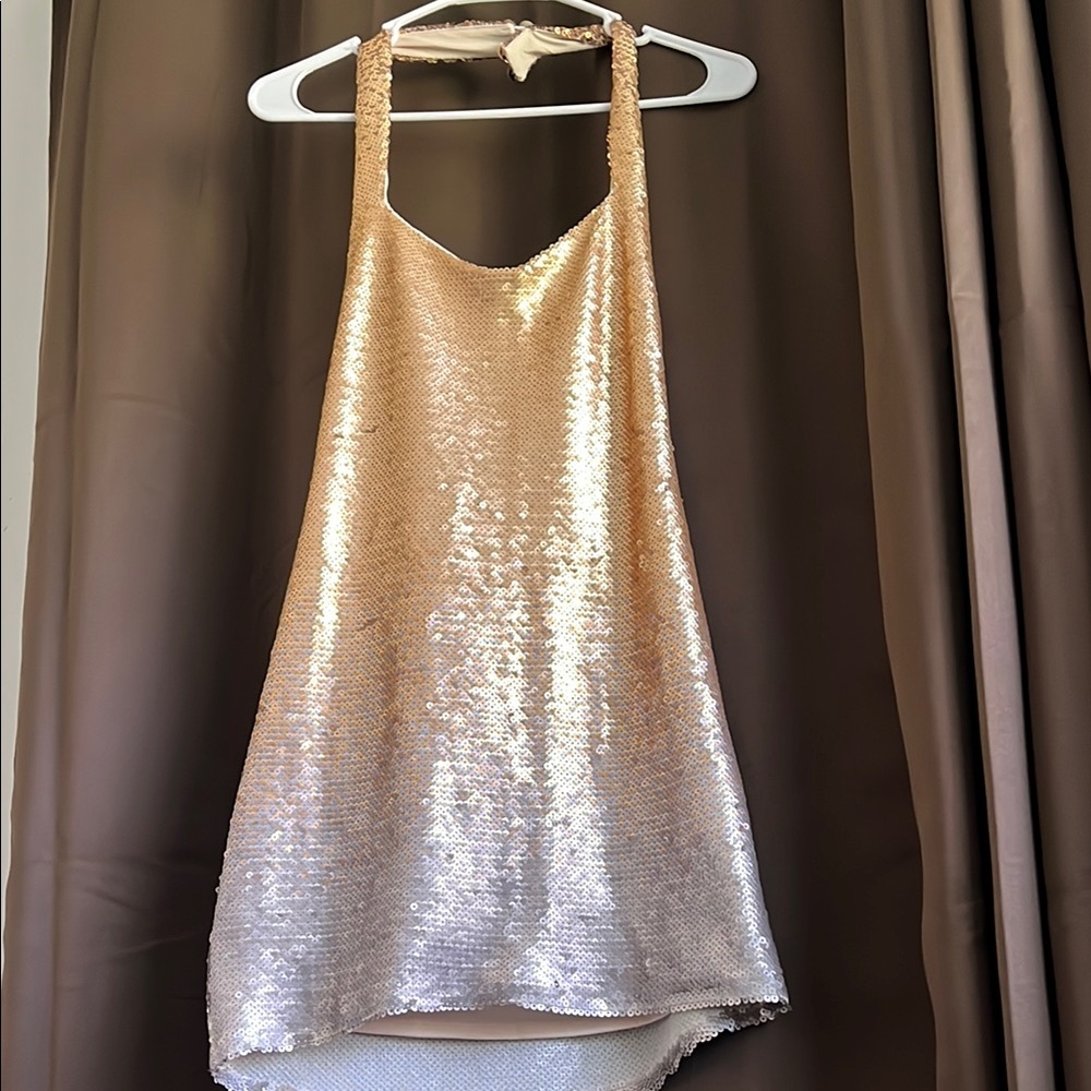 SHOW ME YOUR MUMU Gold Sequin Halter Dress- Small (look at all photos)